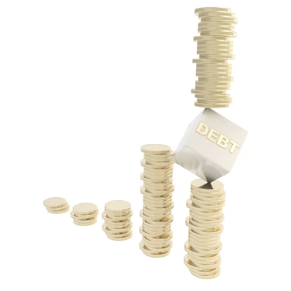 Концепция долгового риска в виде изолированных стопок монет — стоковое фото