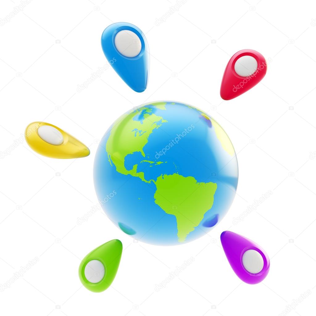 Geo tag emblems around Earth globe isolated