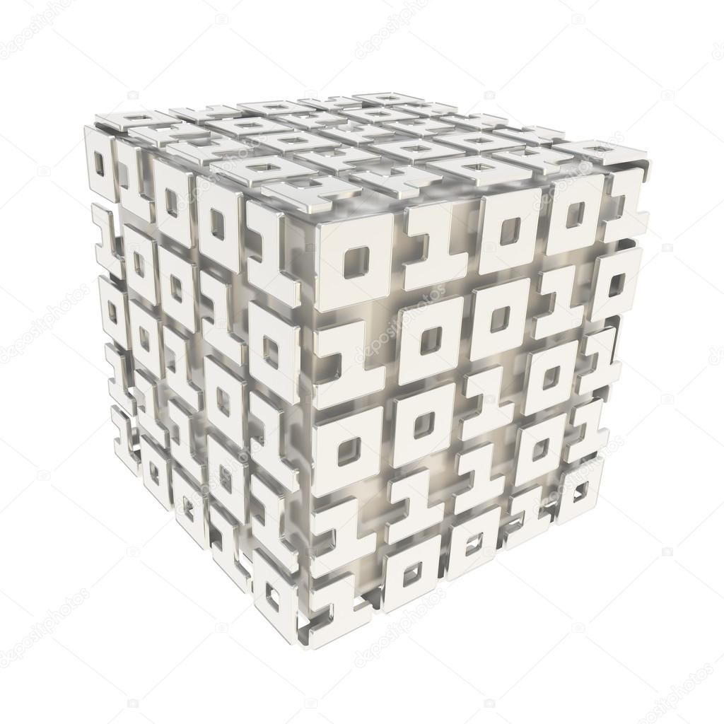 Dimensional cube made of ones and zeros isolated on white