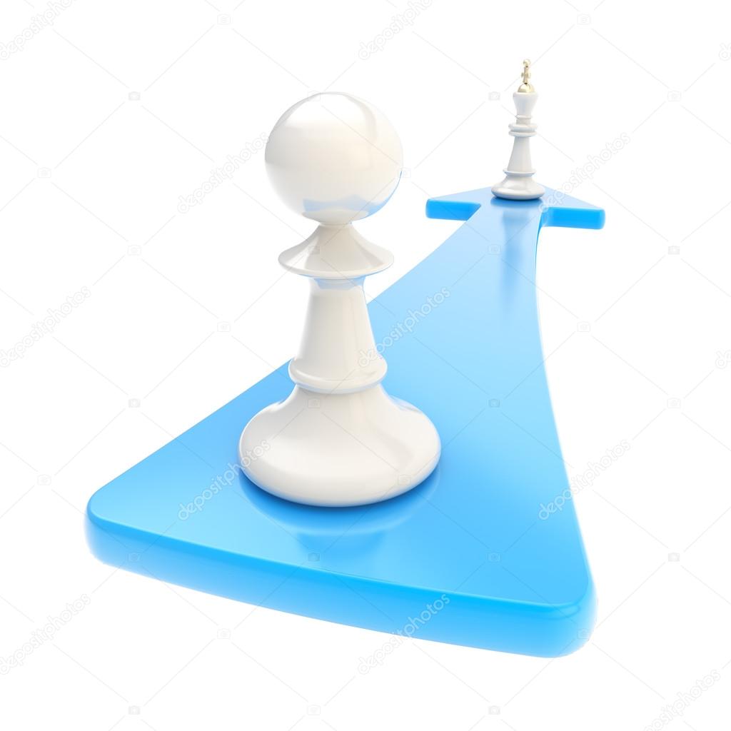 Chess pawn turns into the king over the arrow isolated