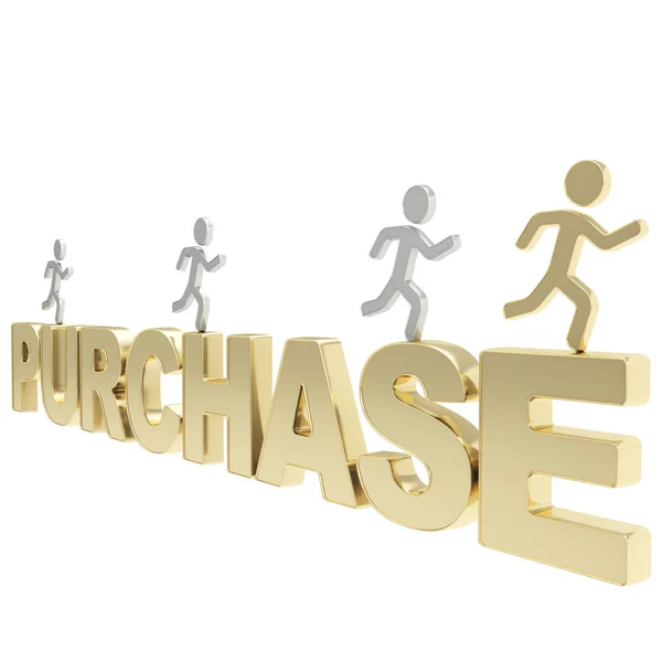 Human running symbolic figures over the word Purchase — Stok fotoğraf