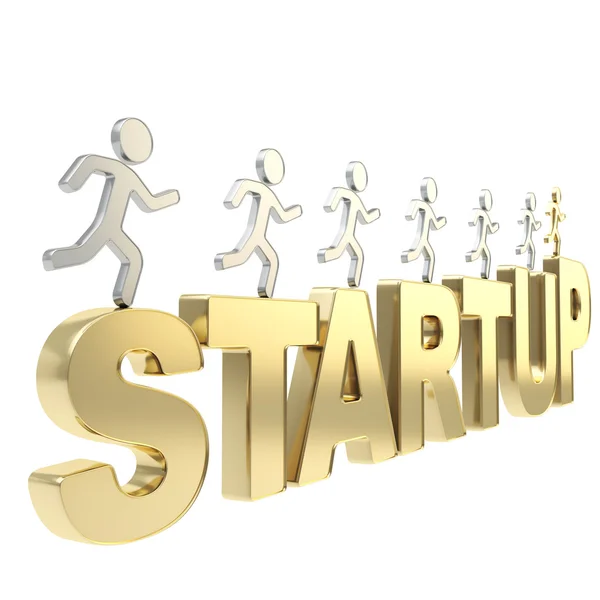 Human running symbolic figures over the word Startup — Stock Photo, Image