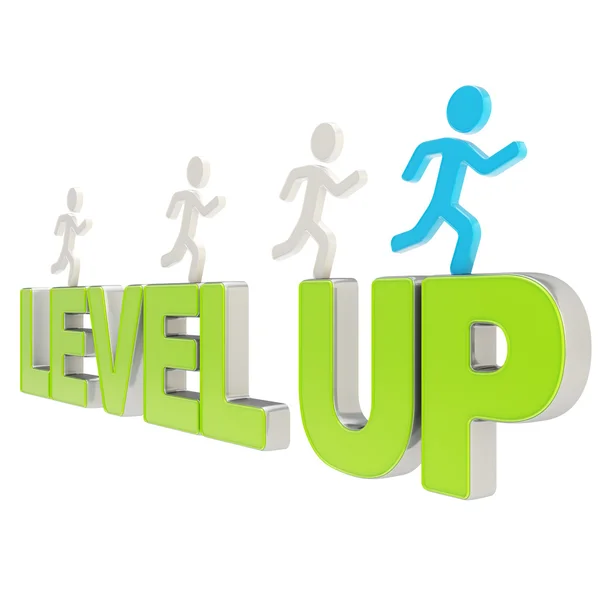 Human running symbolic figures over the words Level Up — Stock Photo, Image