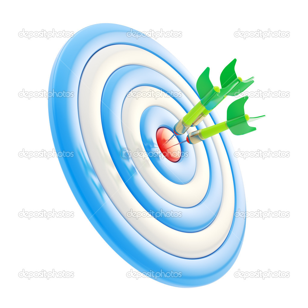 Target aim glossy mark with darts isolated on white