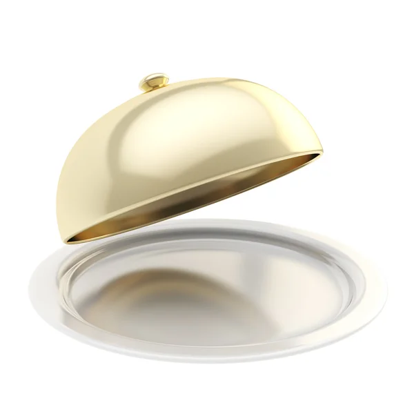 Witte keramische salver met een gouden voedsel cover geïsoleerd — Stockfoto