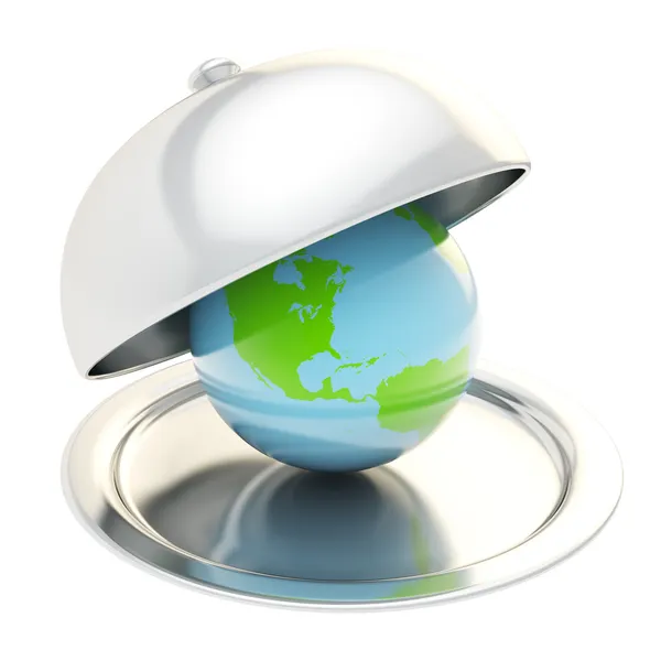 Earth globe op keramische salver onder een chroom voedsel cover — Stockfoto