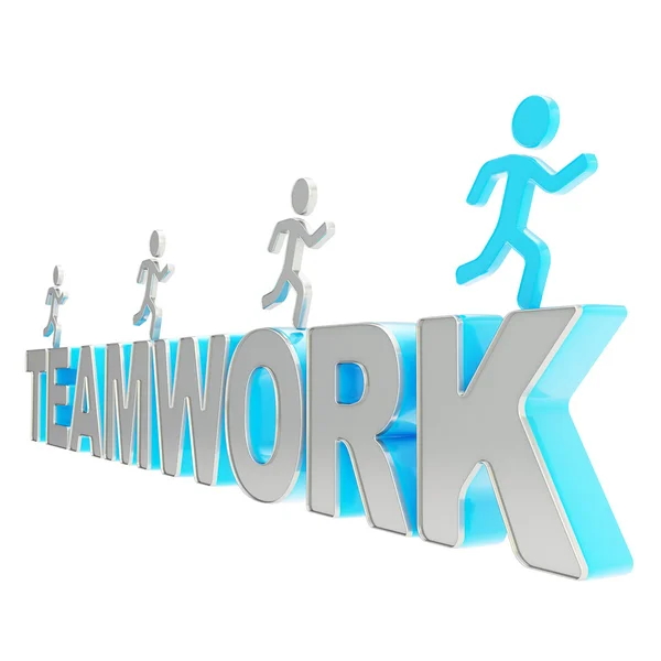 Human running symbolic figures over the word Teamwork — Stock Photo, Image