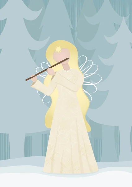 Ángel retro tocando una flauta en un paisaje nevado — Vector de stock