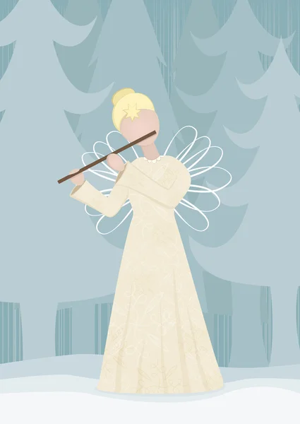 Ange rétro jouant sur une flûte dans un paysage enneigé — Image vectorielle