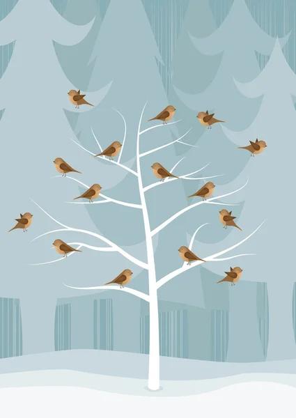 Julkort med ett träd med fåglar — Stock vektor