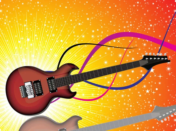 Abstracto colorido brillante guitarra roja con fondo de destellos — Vector de stock