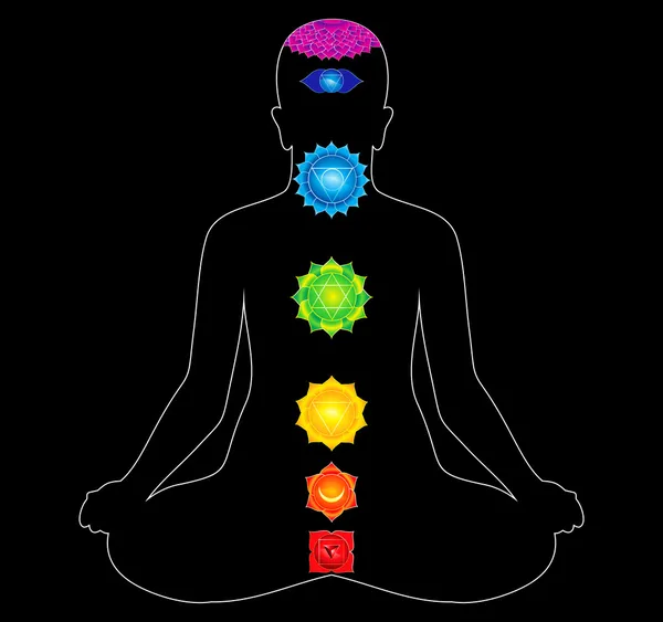 Färgglada alla chakran i kroppen — Stock vektor
