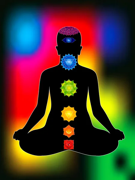 Colorful aura with all chakras of body — Stock Vector