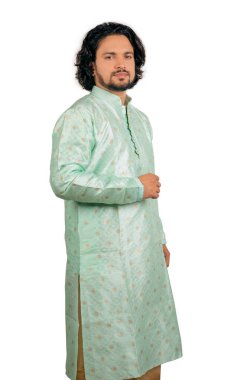 young indian male wearing green kurta side pose