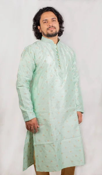 Indian Male Model Wearing Light Green Kurta Front Pose — 图库照片