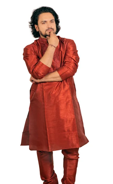 Young Indian Male Wearing Red Kurta Front Pose — Stockfoto