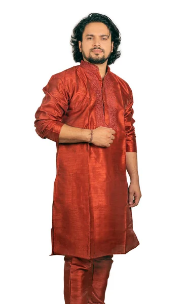 Young Indian Male Wearing Red Kurta Side Pose — Stock Fotó