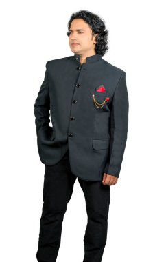 young indian male wearing black suit front pose