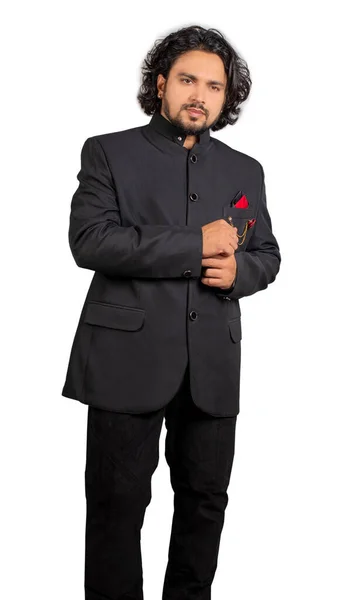 Young Indian Male Wearing Black Suit Front Pose — Stockfoto