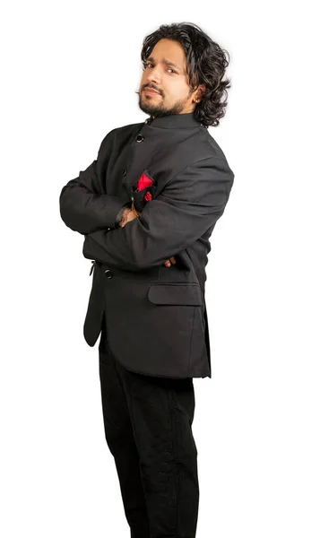 Young Indian Male Wearing Black Suit Front Pose — Stockfoto