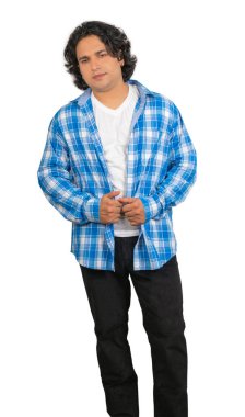 young indian male wearing blue shirt front pose