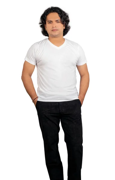 Young Indian Male Wearing White Tshirt Front Pose — Stok fotoğraf