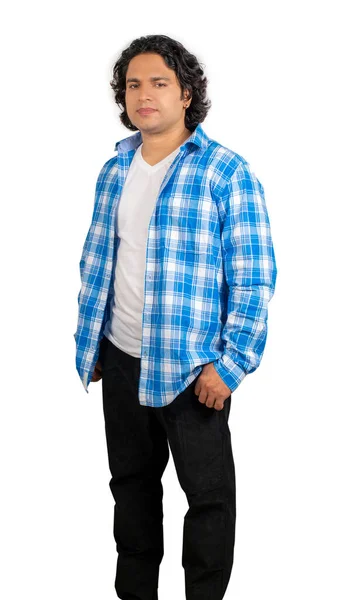 Молодой Индийский Мужчина Синей Рубашке Передняя Поза — стоковое фото