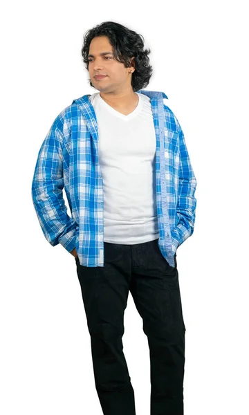 Молодой Индийский Мужчина Синей Рубашке Передняя Поза — стоковое фото