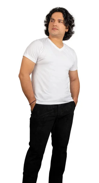 Young Indian Male Wearing White Tshirt Front Pose — Stockfoto