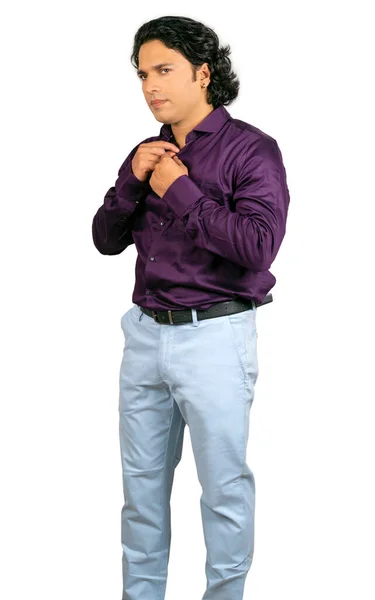 Young Indian Man Wearing Purple Shirt Side Pose — Foto Stock