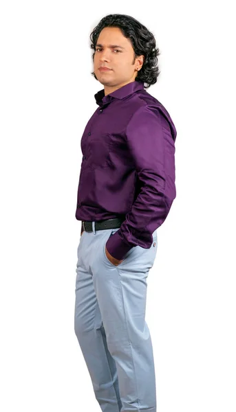 Young Indian Man Wearing Purple Shirt Side Pose — Zdjęcie stockowe