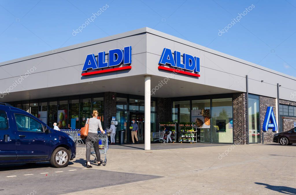 Schleswig, Germany - September 01, 2021: Aldi (stylized as ALDI) is the common brand of two German family-owned discount supermarket chains with over 10,000 stores in 20 countries