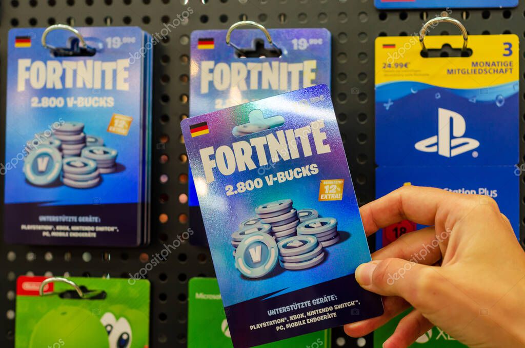 Soest, Germany - September 11, 2021: Fortnite gift card for sale in the shop.
