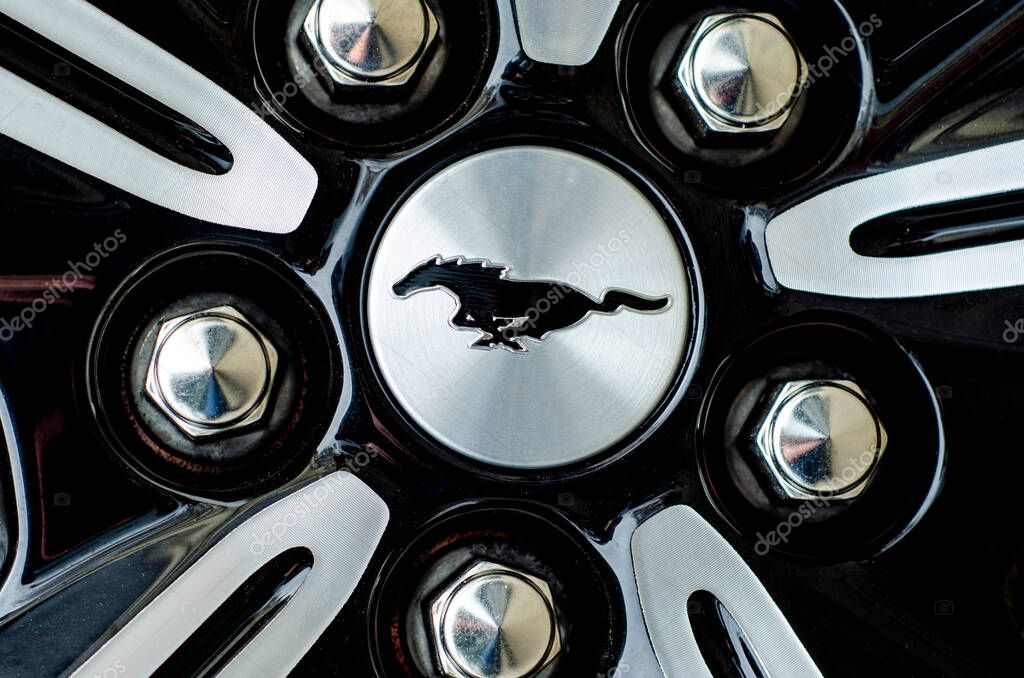 Soest, Germany - April 03, 2022: Ford Mustang logo on the alloy wheel
