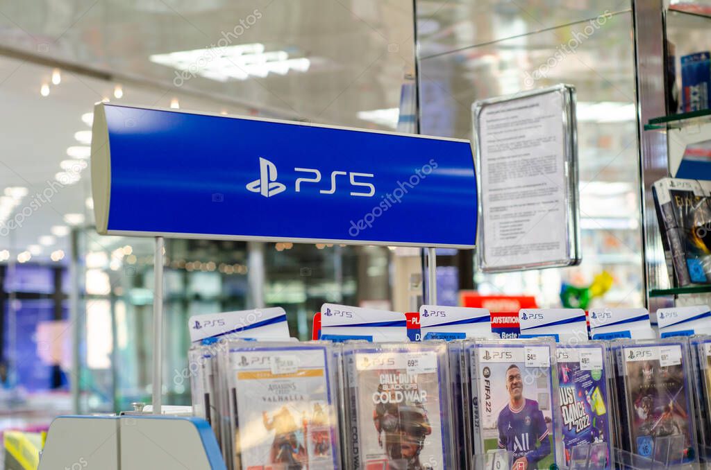 Soest, Germany - April 28, 2022: Sony PlayStation 5 games for sale in the supermarket.