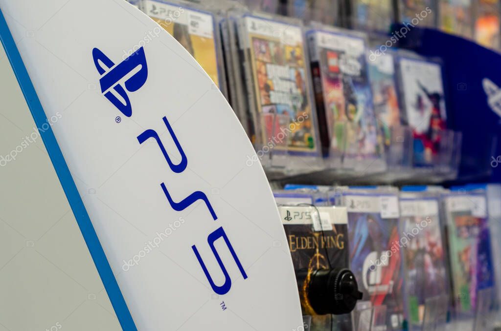 Soest, Germany - April 28, 2022: Sony PlayStation 5 games for sale in the supermarket.