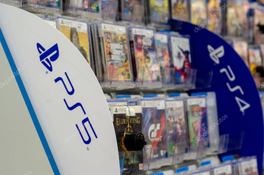 Soest, Germany - April 28, 2022: Sony PlayStation 5 games for sale in the supermarket.