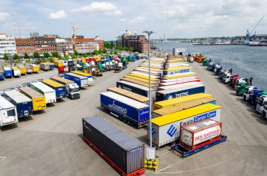 Kiel, Germany - May 11, 2022: Truck parking lot in the port