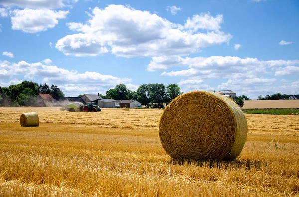 Rolled Hay Bales Wheat Field Dry Meadow Harvest Perdesaan Agriculture — Stok Foto