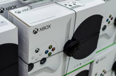 Hamm, Germany - August 20, 2021: MICROSOFT XBOX  video game console for sale in the store.