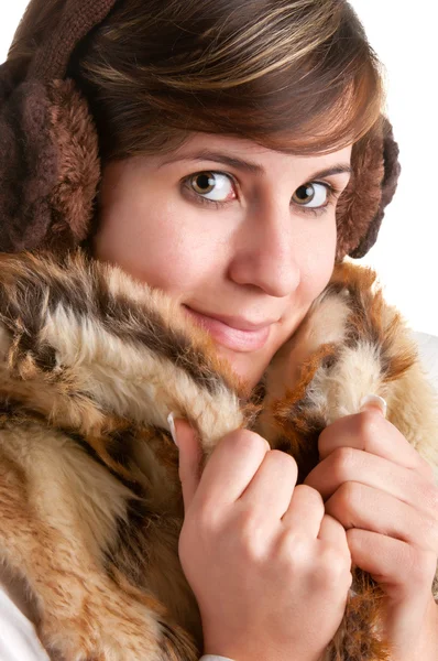 Cold Woman Snuggling in Warm Coat — Stock Photo, Image