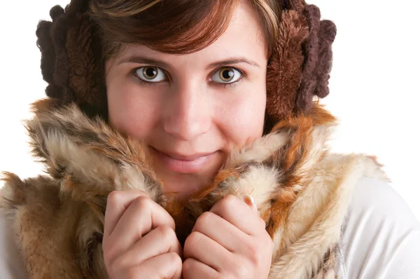 Cold Woman Snuggling in Warm Coat — Stock Photo, Image