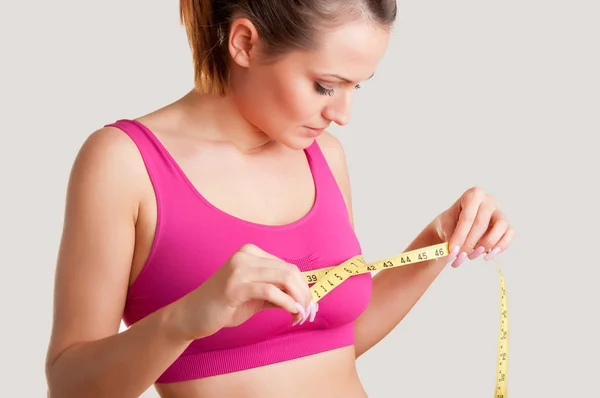 Woman Measuring Up Her Chest — Stock Photo, Image