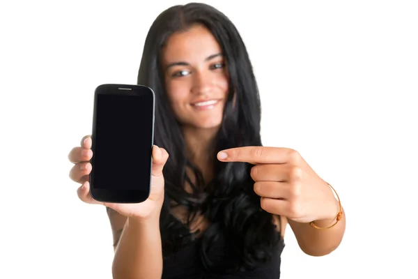Woman Pointing at a Mobile Phone Royalty Free Stock Photos