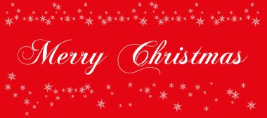 Kırmızı arka planda bir sürü kar tanesi olan beyaz harfli Mutlu Noeller. Geleneksel Noel tebrik kartı 