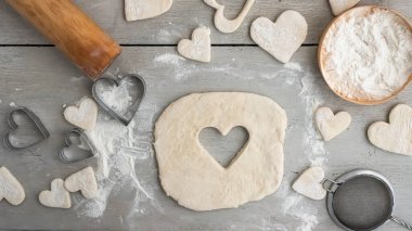 Gri ahşap arka planda hamurdan kesilen çok kalp var. Bayramlar için zencefilli kurabiye pişirmek: Noel, yeni yıl, Sevgililer Günü, gelme. Aile pastanesi. Adım adım tarif. 
