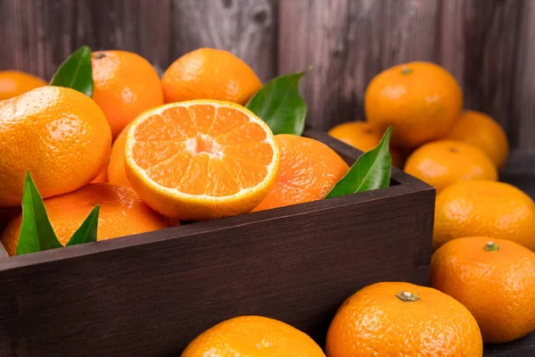 Fresh Mandarin Oranges Fruit Tangerines Leaves Wooden Box Delicious Tangerines Royalty Free Stock Photos