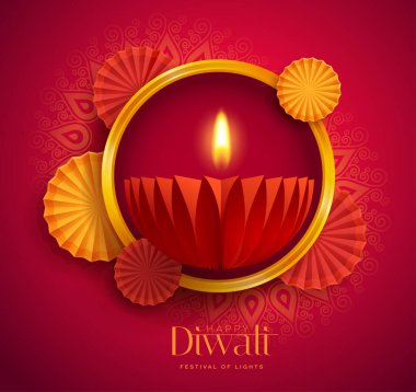 Mutlu bayramlar. Hint Diya yağ lambası tasarımının yuvarlak kenarlı grafiği. Işıklar Festivali.