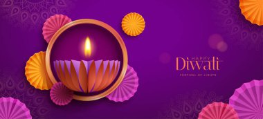 Mutlu bayramlar. Hint Diya yağ lambası tasarımının Hint bayramı temalı büyük afiş temalı yuvarlak kenarlı grafiği. Işıklar Festivali.