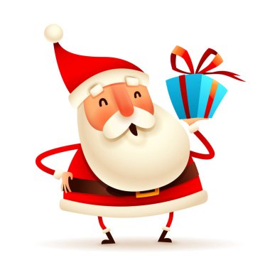 Noel Baba beyaz arka planda Noel Baba hediye kutusunu elinde tutuyor. İzole edilmiş.